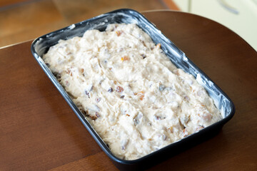 Raw blended mix for bakery in metall bowl. Homemade food concept.