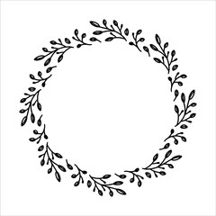 Vector hand drawn spring wreath isolated on white background. Outline circle of leaves. Doodle style. Floral frame.