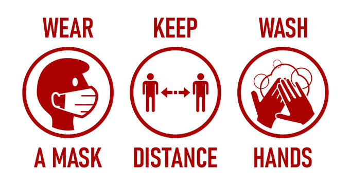 Wear a Mask, Keep Distance, Wash Hands Round Coronavirus Covid-19 Warning Icon Set. Vector Image.