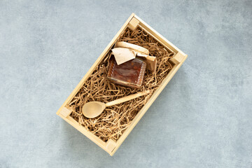 Preparing gift box with homemade apple jam. Zero waste eco friendly