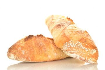 Two delicious freshly baked French baguettes, close-up, isolated on white.