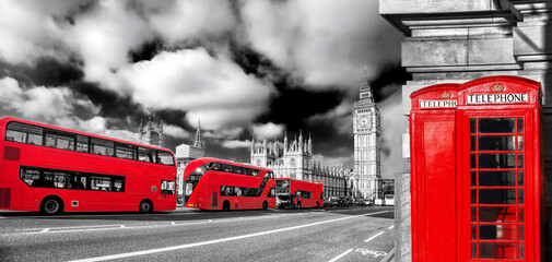 London symbols with BIG BEN, DOUBLE DECKER BUSES and Red Phone Booths in England, UK