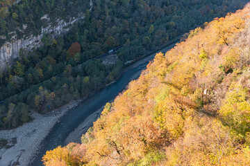 Panoramic view of the Akhshtyr gorge from Sky bridge in Skypark in Sochi, Russia