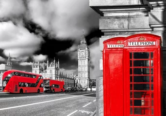 Plexiglas foto achterwand London symbols with BIG BEN, DOUBLE DECKER BUSES and Red Phone Booths in England, UK © Tomas Marek