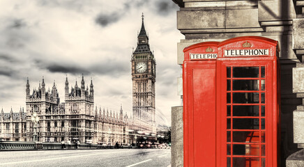 Fototapeta premium London symbols with BIG BEN and red Phone Booths in England, UK