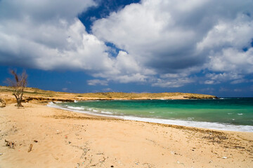 Virgin shore of Chrissi Ammos (Golden Sund) during a stormy day in Astypalaia island, Dodecanese islands, Greece, Europe
