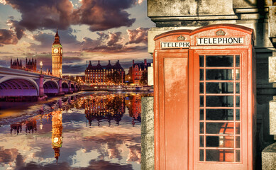 Fototapeta premium London symbols with BIG BEN and red Phone Booths in England, UK