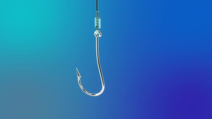 Fishing hook on blue background, phishing concept, financial fraud, data theft. Phishing attack, user data, credentials theft