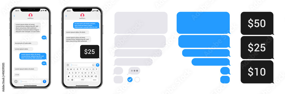 Fototapete smartphone chatting sms app template bubbles. sms chat composer. place your own text to the message.