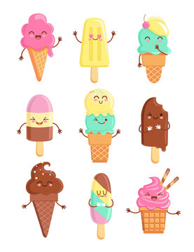 Naklejki Big set of funny cheerful,friendly ice cream characters.Sweet kawaii smiling summer delicacy,tasty sundaes,gelatos with different tasties for kids designs and decorations, isolated on white. Vector.