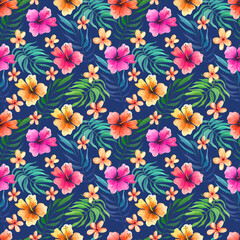 Fototapeta premium Tropical flowers and leaves. Hand drawn watercolour seamless pattern.