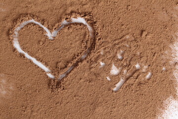 heart drawn on cocoa on a white background with a place to text Valentine's Day declaration of love