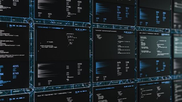 Process of virtual software. Animation. Displaying 3d cells with changing values in database. Distribution of codes and numbers across tables in virtual space