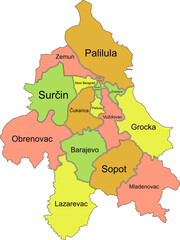 Obraz premium Simple pastel vector map with black borders and names of municipalities of Belgrade, Serbia