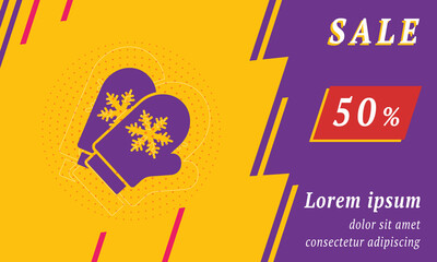 Sale promotion banner with place for your text. On the left is the mittens symbol. Promotional text with discount percentage on the right side. Vector illustration on yellow background