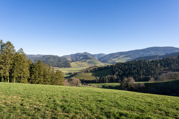Wide angle view towards the mountains hinterwaldkopf and stollenbach
