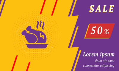 Sale promotion banner with place for your text. On the left is the roasted turkey. Promotional text with discount percentage on the right side. Vector illustration on yellow background