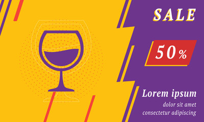 Sale promotion banner with place for your text. On the left is the wineglass symbol. Promotional text with discount percentage on the right side. Vector illustration on yellow background