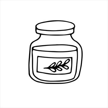 vector illustration in doodle style. jar of jam, jam. simple drawing of sweet strawberry jam dessert. black and white line drawing