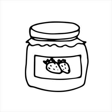 vector illustration in doodle style. jar of jam, jam. simple drawing of sweet strawberry jam dessert. black and white line drawing