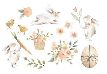 Watercolor Spring Easter Bunny and floral elements for children and weddings or baby showers