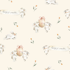 Easter Spring Bunny seamless pattern pastel colors peach and floral with Easter egg 