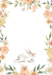 Fototapeta na wymiar Frame with Flowers and Bunny with floral wreath for easter and spring 