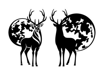 standing deer stag with large antlers and full moon - night wildlife black and white vector design set