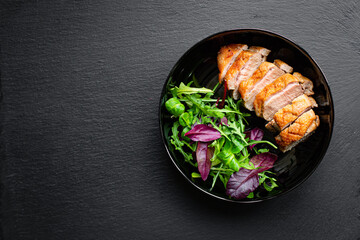 duck breast grill meat fried mix salad leaves barbecue roasted poultry on the table snack top view copy space for text food background rustic image 
