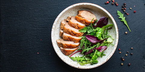 duck breast grill meat fried mix salad leaves barbecue roasted poultry on the table snack top view copy space for text food background rustic image 