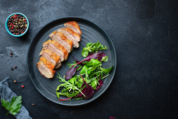 duck breast grill meat fried mix salad leaves barbecue roasted poultry on the table snack top view copy space for text food background rustic image 