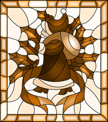 Illustration in stained glass style for New year and Christmas, Santa Claus, Holly branches and ribbons in a bright frame,monochrome,tone brown 