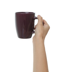 Obraz premium Woman holding elegant brown cup on white background, closeup