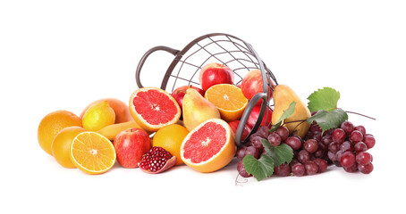 Metal basket with different fruits on white background
