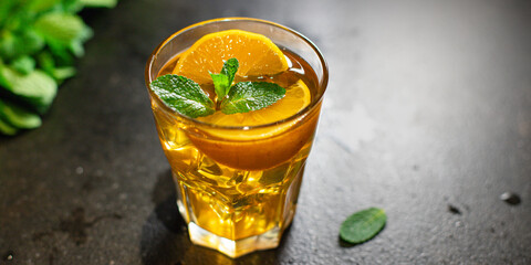 alcoholic cocktail lemon drink transparent glass beverage ice cube mint portion on the table meal outdoor top view copy space for text food background 