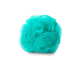 New turquoise shower puff isolated on white