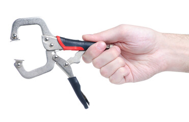 Clamping pliers clamps in hand on white background isolation