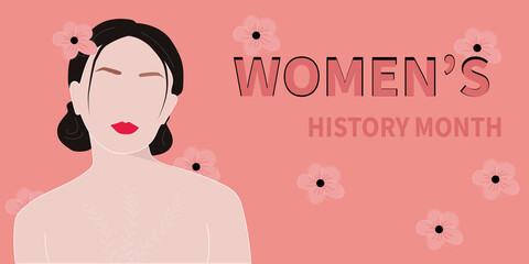 Beautiful Contemporary portrait of young asian woman with flowers and text. Women's History Month.  Vector poster