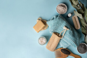 Spa treatments concept. Organic items for body care. Flat lay with space for text