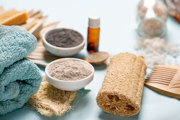 Spa treatments concept. Organic items for body care. Body Clay and Sea Salt