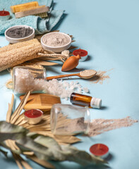 Spa treatments concept. Organic items for body care.Spa treatments concept. Organic items for body care. Amphoras and candles for aromatherapy