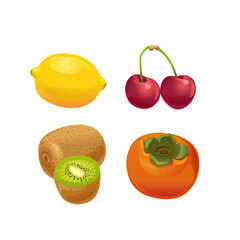 Fruit. Lemon, cherry, kiwi, persimmon. Vector illustration isolated on white background.