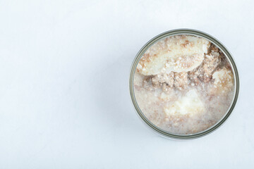 Top view of open can, Canned beef. White background
