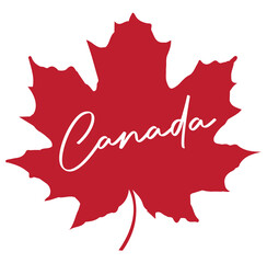 canada in script on red maple leaf logo