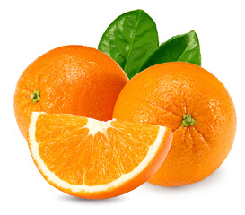 orange fruit with green leaves isolated on white background. healthy food. clipping path