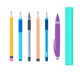 Vector set of colored office supplies. Pens, pencils, rulers in flat style. Isolated on white background. Measuring tool.
Stationery items