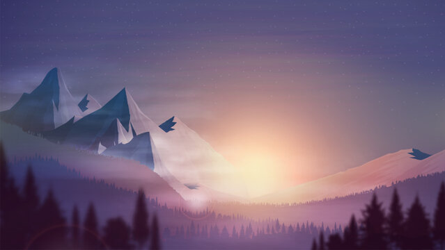 Orange sunset, hilly area, spruce forest, colorful starry sky and rocky horizon, realistic vector illustration