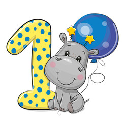 Hippo and number one isolated on a white background