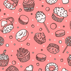 Seamless pattern with sweets, candies, cupcakes, macaroons in doodle style. Monochrome vector illustration. Dark outline on a pink background.