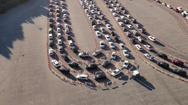 Aerial Shot Of 1000’s Of People In Cars Waiting In Line At A Drive-through Testing Site To Be Tested For Coronavirus Or To Receive The Vaccine.